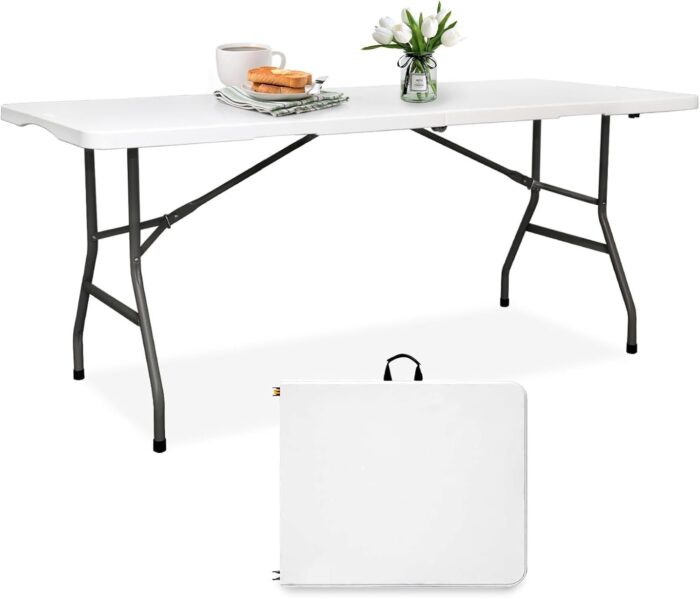 6ft Folding Table HDPE Foldable Banquet Table with Fold-in-Half Design for Utility, Meetings, Parties – Portable, Sturdy & Easy to Store