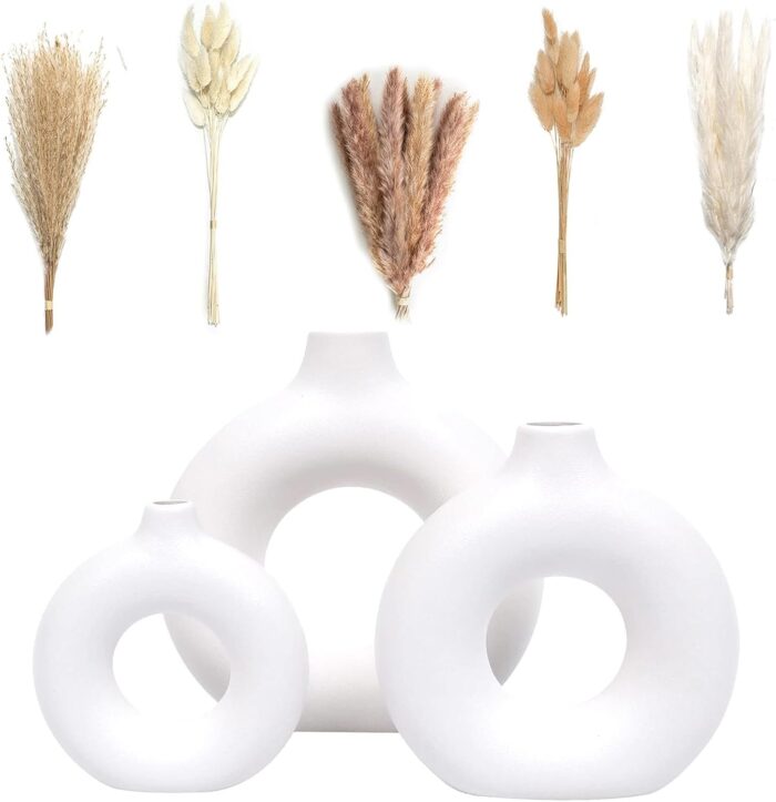 Set of 3 White Ceramic Vases with Pampas Grass – Boho Ceramic Vases for Home Decor, Modern Small Round Cute Vase Trio for Bedroom & Living Room