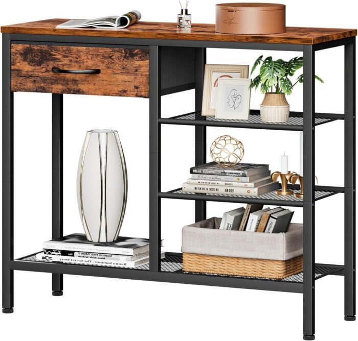 Rustic Industrial Entryway Table with Shoe Storage, 31.5" Sofa Console Table, Metal Mesh Shelves & Fabric Drawer for Space Saving