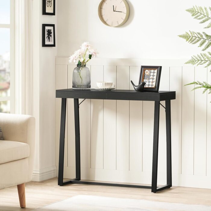 Modern Black Entryway Console Table with Metal Frame – Sleek Small Hallway Foyer Table for Stylish Storage and Decor