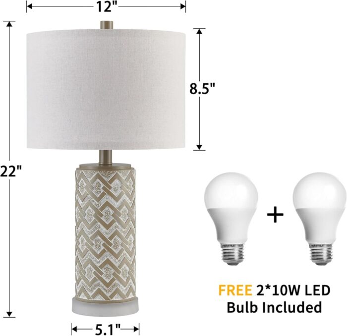 Rustic Farmhouse Table Lamps Set of 2 with Built-In Night Light, Distressed Gray Nightstand Lamps for Living Room & Bedroom Decor