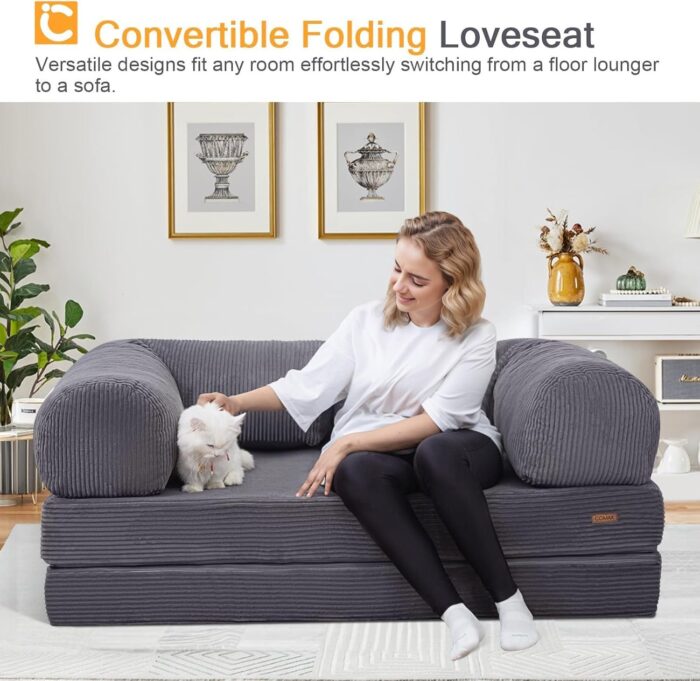 Foldable Sofa Bed Convertible 4-in-1 Foldable Floor Couch Futon with L-Shaped Armrests – Space Saving & Comfortable