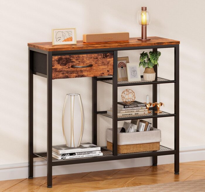 Rustic Industrial Entryway Table with Shoe Storage, 31.5" Sofa Console Table, Metal Mesh Shelves & Fabric Drawer for Space Saving