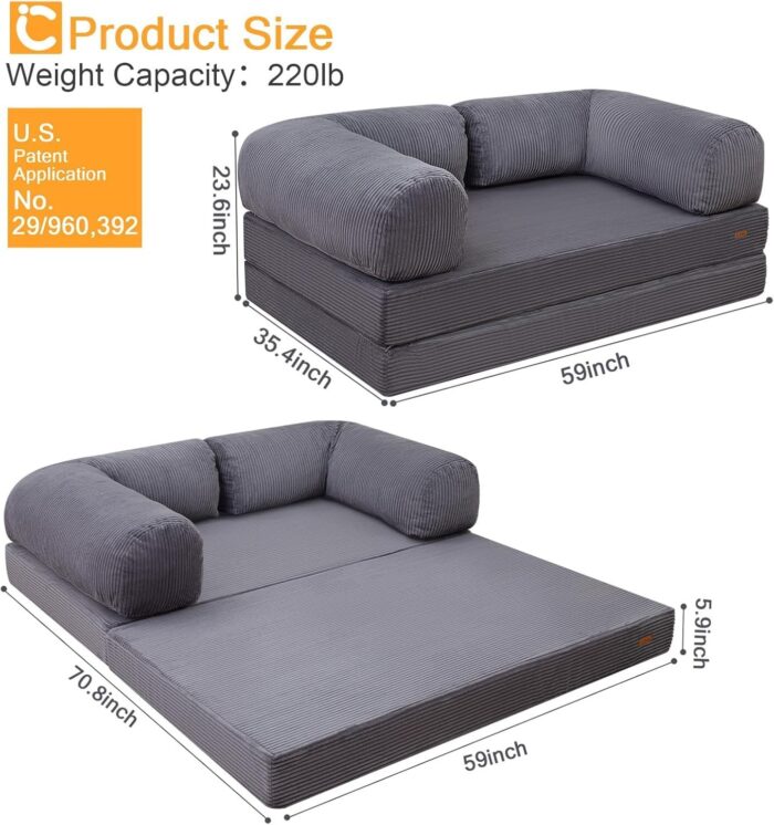 Foldable Sofa Bed Convertible 4-in-1 Foldable Floor Couch Futon with L-Shaped Armrests – Space Saving & Comfortable
