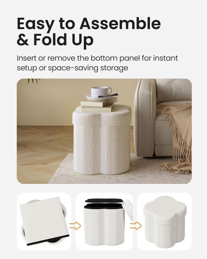 Flower Storage Ottoman with Folding Design and Soft Teddy Velvet - White Modern Footstool with Hidden Storage