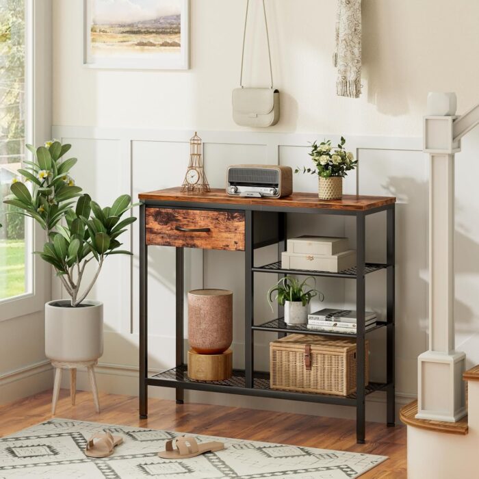 Rustic Industrial Entryway Table with Shoe Storage, 31.5" Sofa Console Table, Metal Mesh Shelves & Fabric Drawer for Space Saving