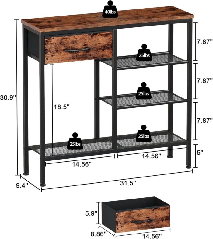 Rustic Industrial Entryway Table with Shoe Storage, 31.5" Sofa Console Table, Metal Mesh Shelves & Fabric Drawer for Space Saving