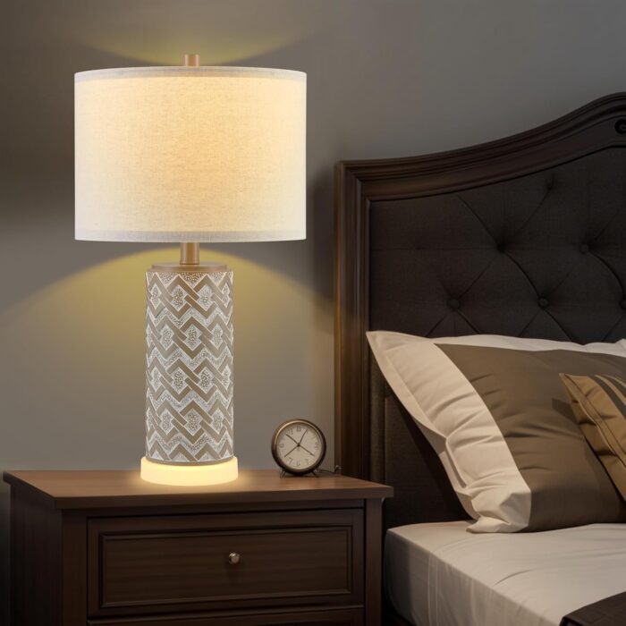 Rustic Farmhouse Table Lamps Set of 2 with Built-In Night Light, Distressed Gray Nightstand Lamps for Living Room & Bedroom Decor