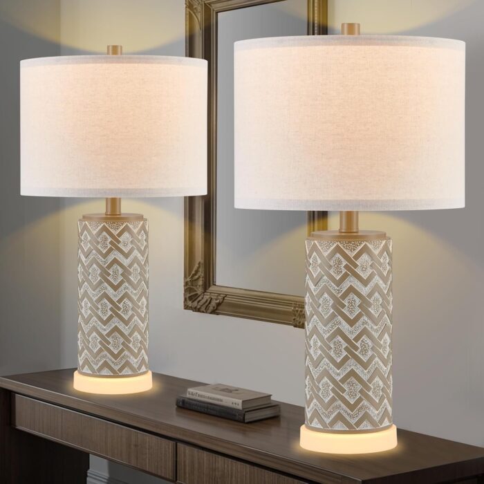 Rustic Farmhouse Table Lamps Set of 2 with Built-In Night Light, Distressed Gray Nightstand Lamps for Living Room & Bedroom Decor