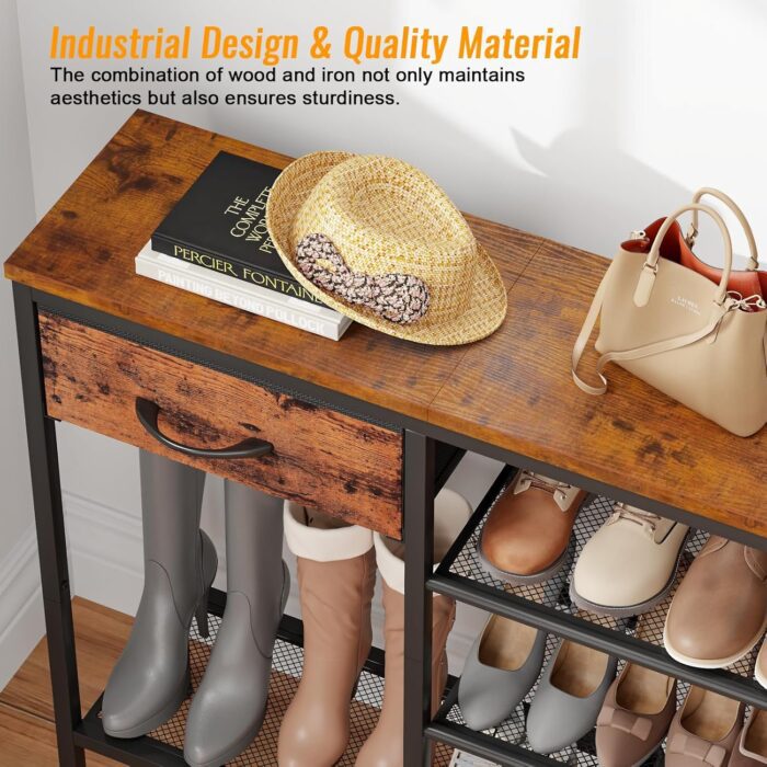 Rustic Industrial Entryway Table with Shoe Storage, 31.5" Sofa Console Table, Metal Mesh Shelves & Fabric Drawer for Space Saving
