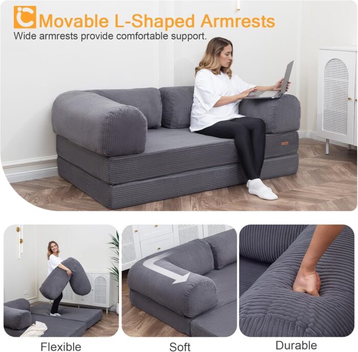 Foldable Sofa Bed Convertible 4-in-1 Foldable Floor Couch Futon with L-Shaped Armrests – Space Saving & Comfortable
