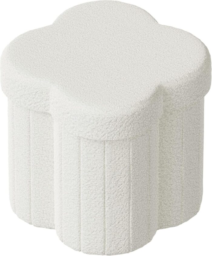 Flower Storage Ottoman with Folding Design and Soft Teddy Velvet - White Modern Footstool with Hidden Storage