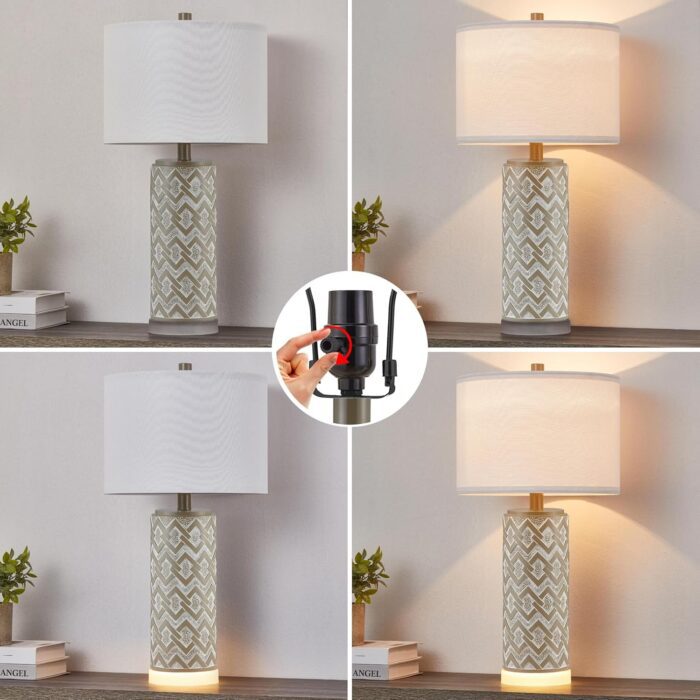 Rustic Farmhouse Table Lamps Set of 2 with Built-In Night Light, Distressed Gray Nightstand Lamps for Living Room & Bedroom Decor