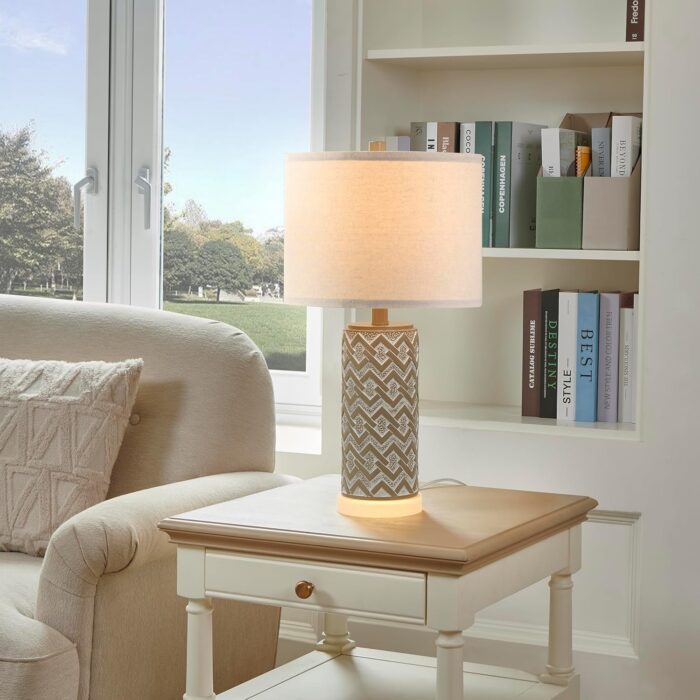 Rustic Farmhouse Table Lamps Set of 2 with Built-In Night Light, Distressed Gray Nightstand Lamps for Living Room & Bedroom Decor