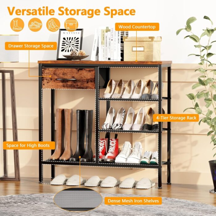 Rustic Industrial Entryway Table with Shoe Storage, 31.5" Sofa Console Table, Metal Mesh Shelves & Fabric Drawer for Space Saving