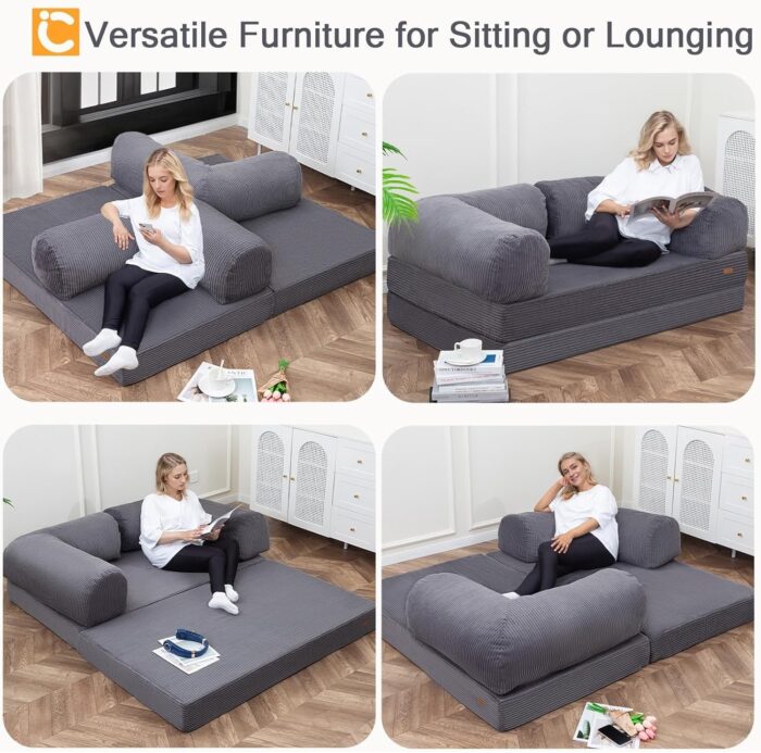 Foldable Sofa Bed Convertible 4-in-1 Foldable Floor Couch Futon with L-Shaped Armrests – Space Saving & Comfortable