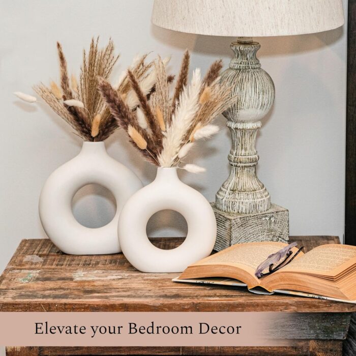 Set of 3 White Ceramic Vases with Pampas Grass – Boho Ceramic Vases for Home Decor, Modern Small Round Cute Vase Trio for Bedroom & Living Room