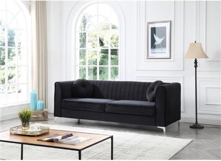 Glory Furniture Delray Black Velvet Sofa with Chrome Legs & Throw Pillows – Modern Luxe Design