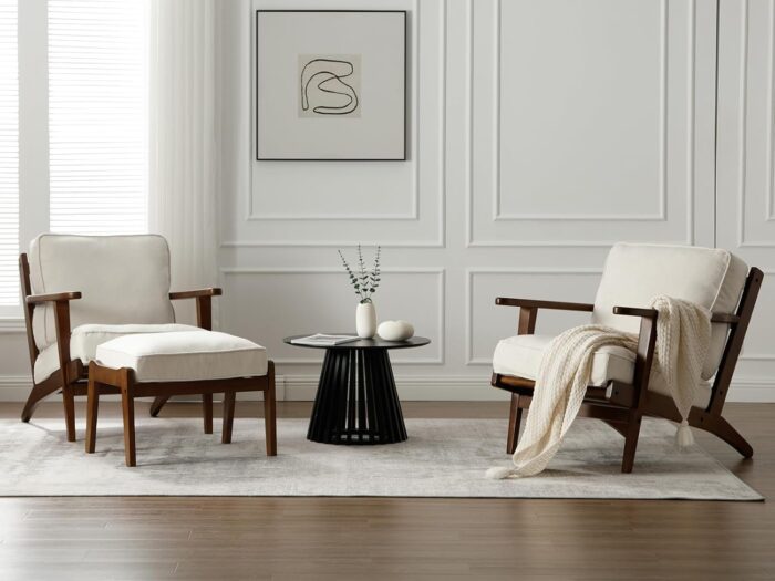 Mid Century Modern Accent Chair with Ottoman, Linen Fabric Living Room Chair Set with Solid Wood Frame, Comfy Upholstered Single Sofa Armchair