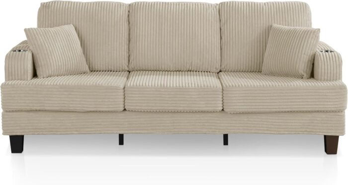 Modern Plush Chenille Couch with Side Pockets, Cup Holders and USB Ports, Wooden Comfortable Sofa for Living Room