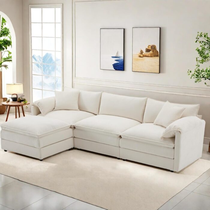 Cloud Couches, 103.5" L Shaped Sectional Couch with Ottoman, Comfy Chenille Sofas with Armrest, Oversized Fluffy Couch with 3-Layer Seat Cushions, 3 Seat Cream Sofa