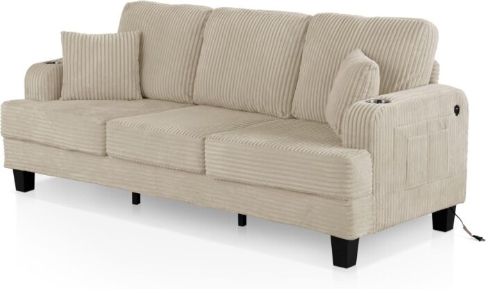 Modern Plush Chenille Couch with Side Pockets, Cup Holders and USB Ports, Wooden Comfortable Sofa for Living Room