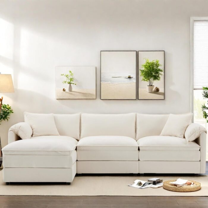 Cloud Couches, 103.5" L Shaped Sectional Couch with Ottoman, Comfy Chenille Sofas with Armrest, Oversized Fluffy Couch with 3-Layer Seat Cushions, 3 Seat Cream Sofa
