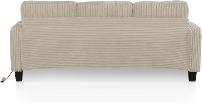 Modern Plush Chenille Couch with Side Pockets, Cup Holders and USB Ports, Wooden Comfortable Sofa for Living Room