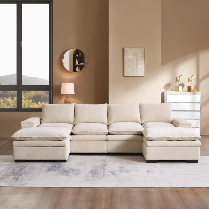 Oversized Modular Sectional Sofa with Movable Ottoman, 6-Seat Deep Seat Sofa with Armrest Storage, Convertible U Shaped Couch for Living Room